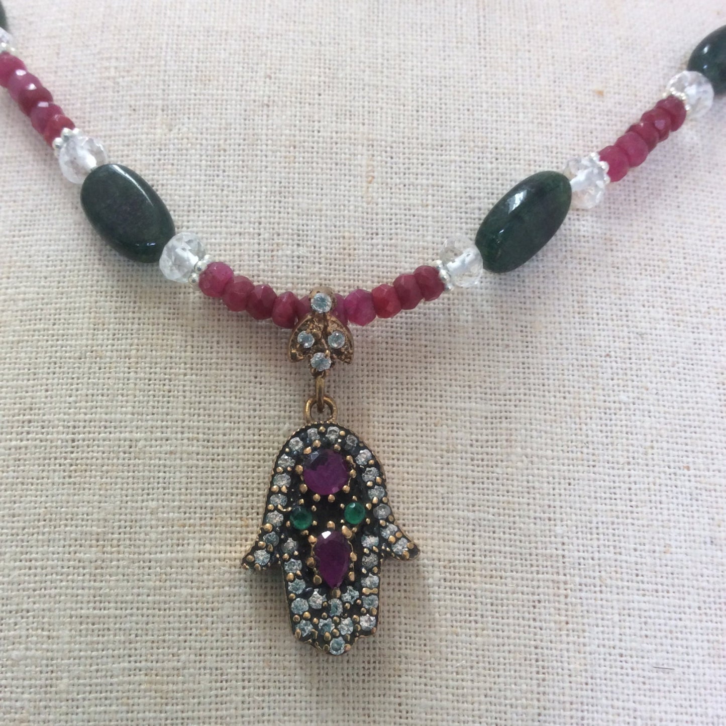 necklace "Divine Hand" Hamsa with rubies emeralds & topaz, ruby quartz, emerald, faceted quartz, Hand of God, Hand of Fatima, Gift idea