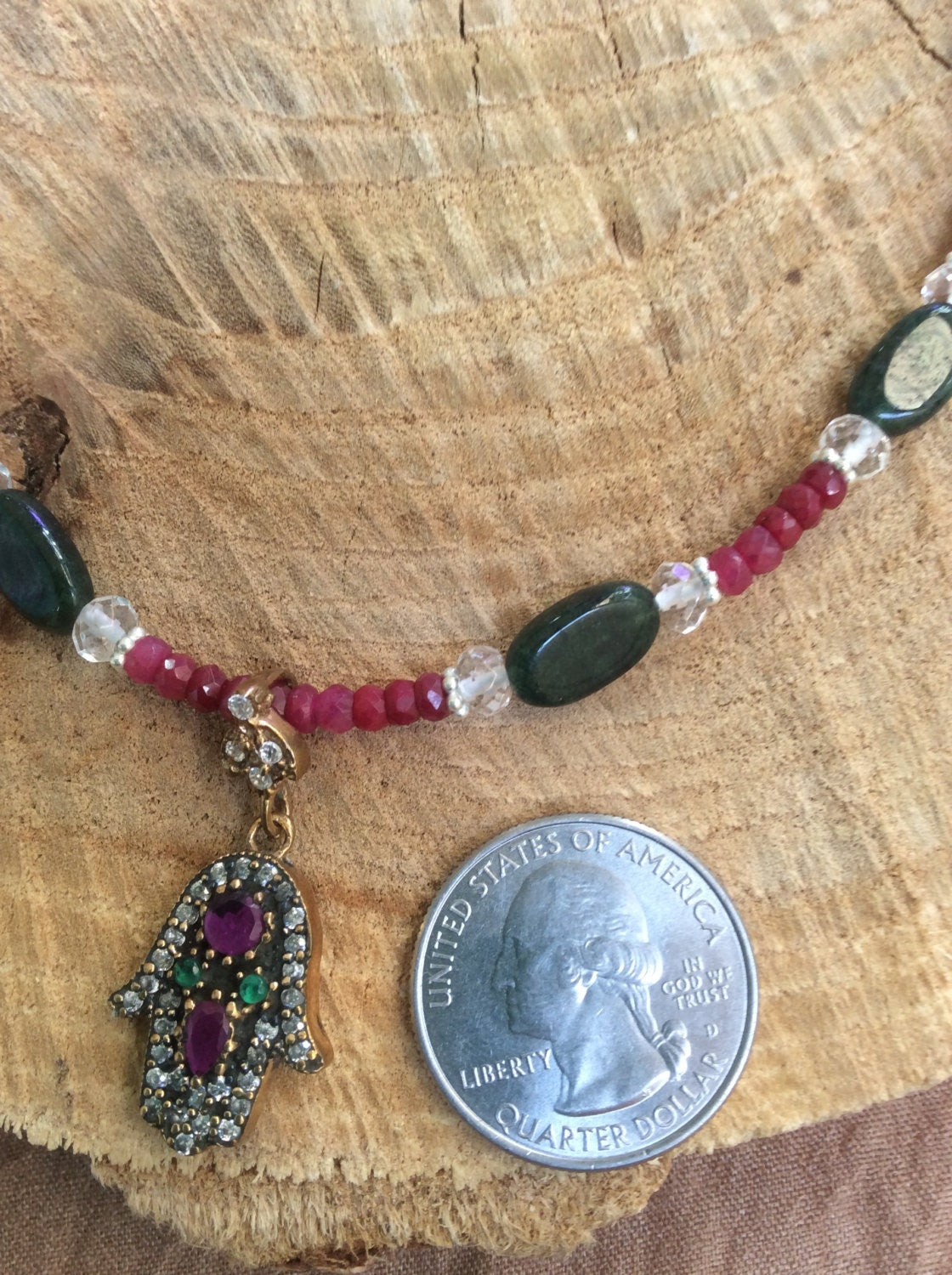 necklace "Divine Hand" Hamsa with rubies emeralds & topaz, ruby quartz, emerald, faceted quartz, Hand of God, Hand of Fatima, Gift idea