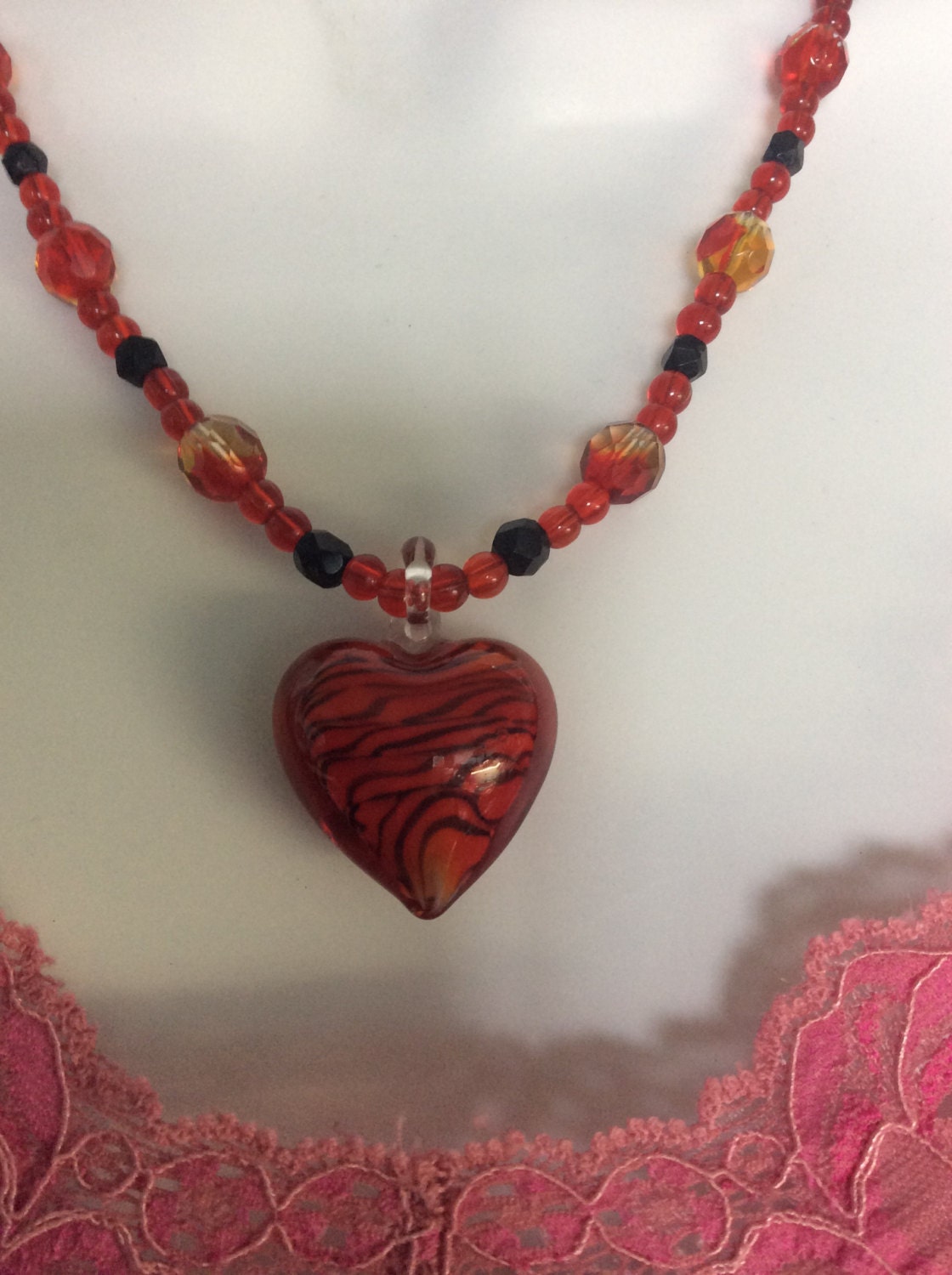 necklace "Passionately" Blown Glass Murano Heart, Gift Idea, Valentine's Day, Heart pendant, Vintage beads, Glass Crystal beads