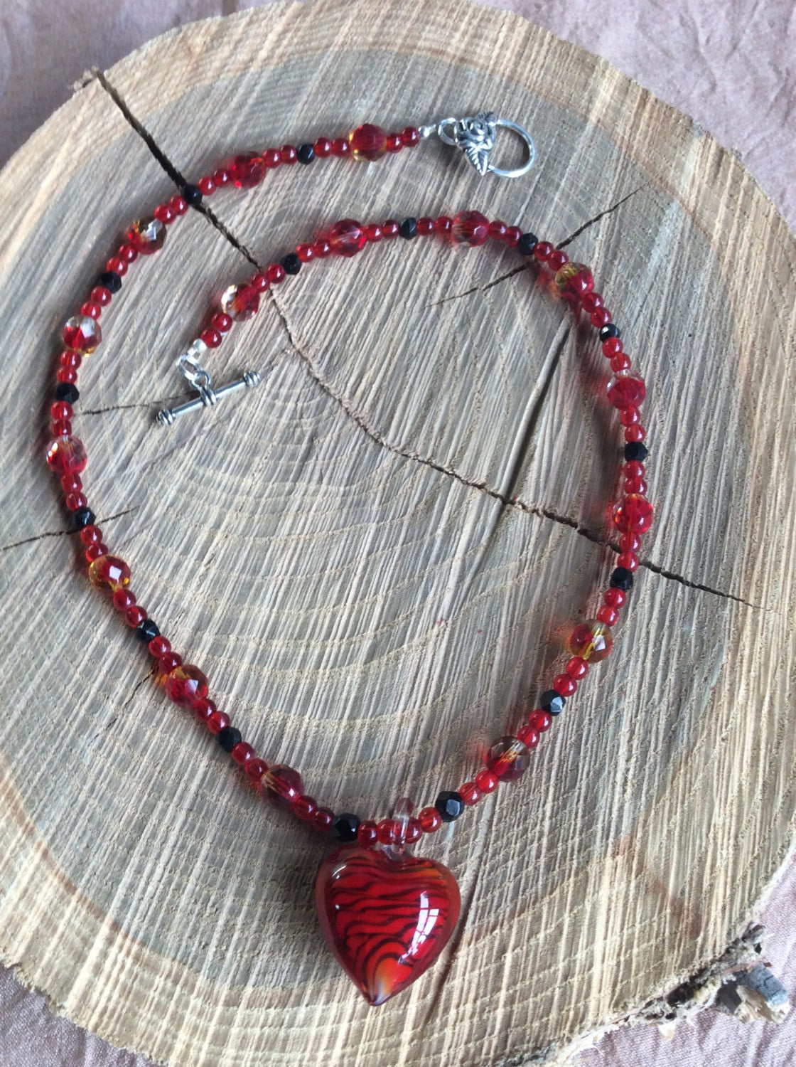 necklace "Passionately" Blown Glass Murano Heart, Gift Idea, Valentine's Day, Heart pendant, Vintage beads, Glass Crystal beads