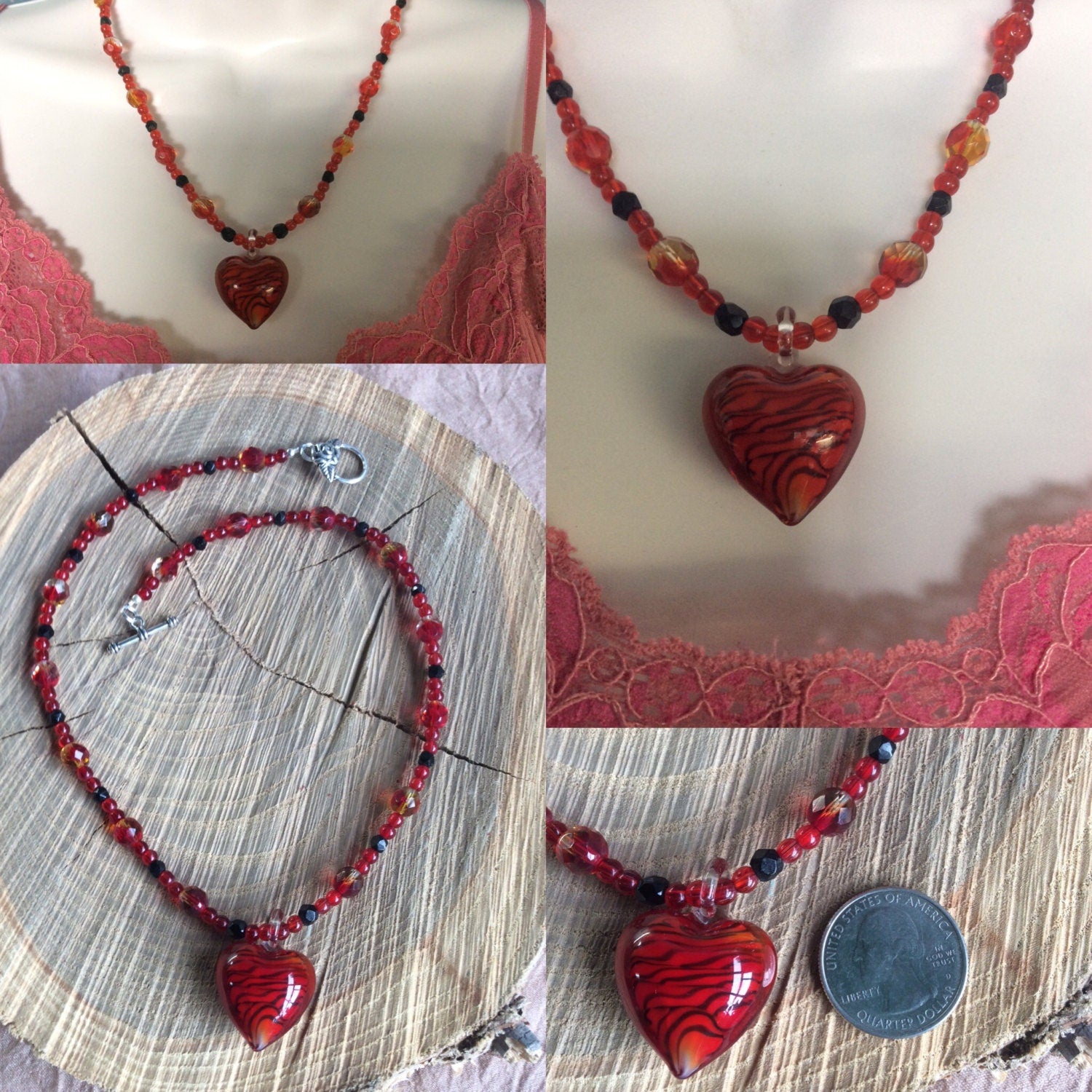 necklace "Passionately" Blown Glass Murano Heart, Gift Idea, Valentine's Day, Heart pendant, Vintage beads, Glass Crystal beads