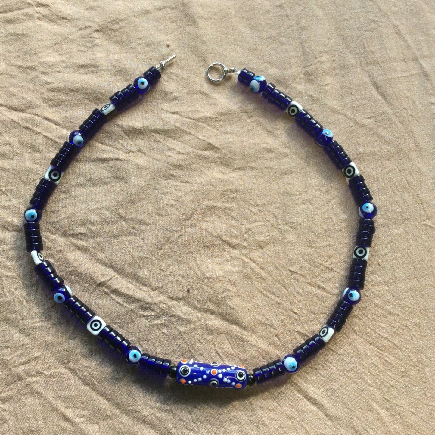 necklace "Watch Out" Evil Eye barrel bead, Glass heishi, Evil Eye beads, Protection charm, Reiki charged,Gender Neutral jewelry, Good Luck