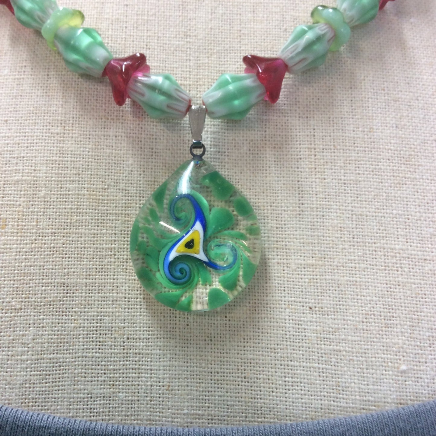 necklace "Eye of Bride" Murano glass Triskelion with Evil Eye, Goddess Bridget, Imbolc, Glass Flowers, Chevron beads, Good Luck Charm