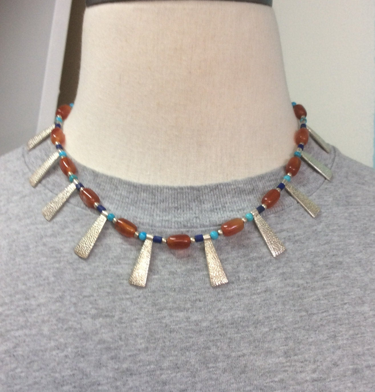 necklace "Broad Collar" Broad Collar style, Afghan lapis, Carnelian, Turquoise, Gender Neutral, Statement piece, Bib necklace, Reiki charged