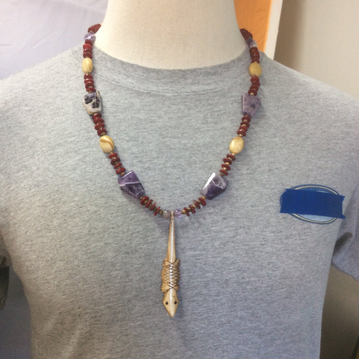 necklace "Desert Sunset" Carved Bone lizard, Chevron Amethyst, Red Coral, Jasper, Southwest jewelry, Gender Neutral necklace, Wild West