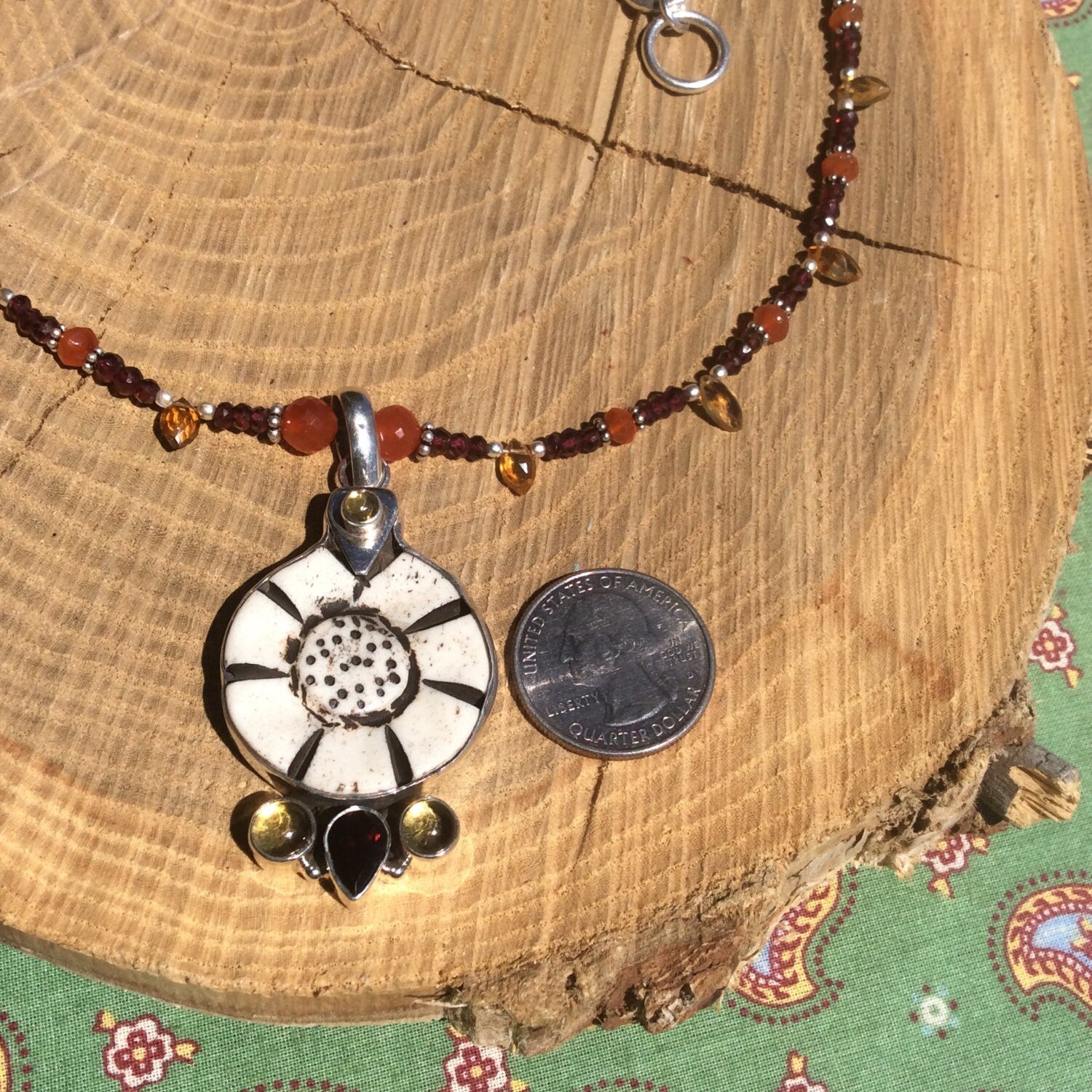 necklace "Sunflower" Carved Flower pendant, Garnet, Citrine, Carnelian, Flower Power, Sunflower jewelry, Reiki charged, Chakra jewelry