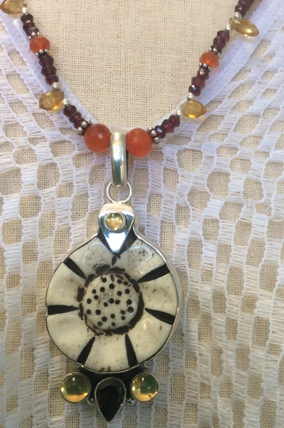 necklace "Sunflower" Carved Flower pendant, Garnet, Citrine, Carnelian, Flower Power, Sunflower jewelry, Reiki charged, Chakra jewelry