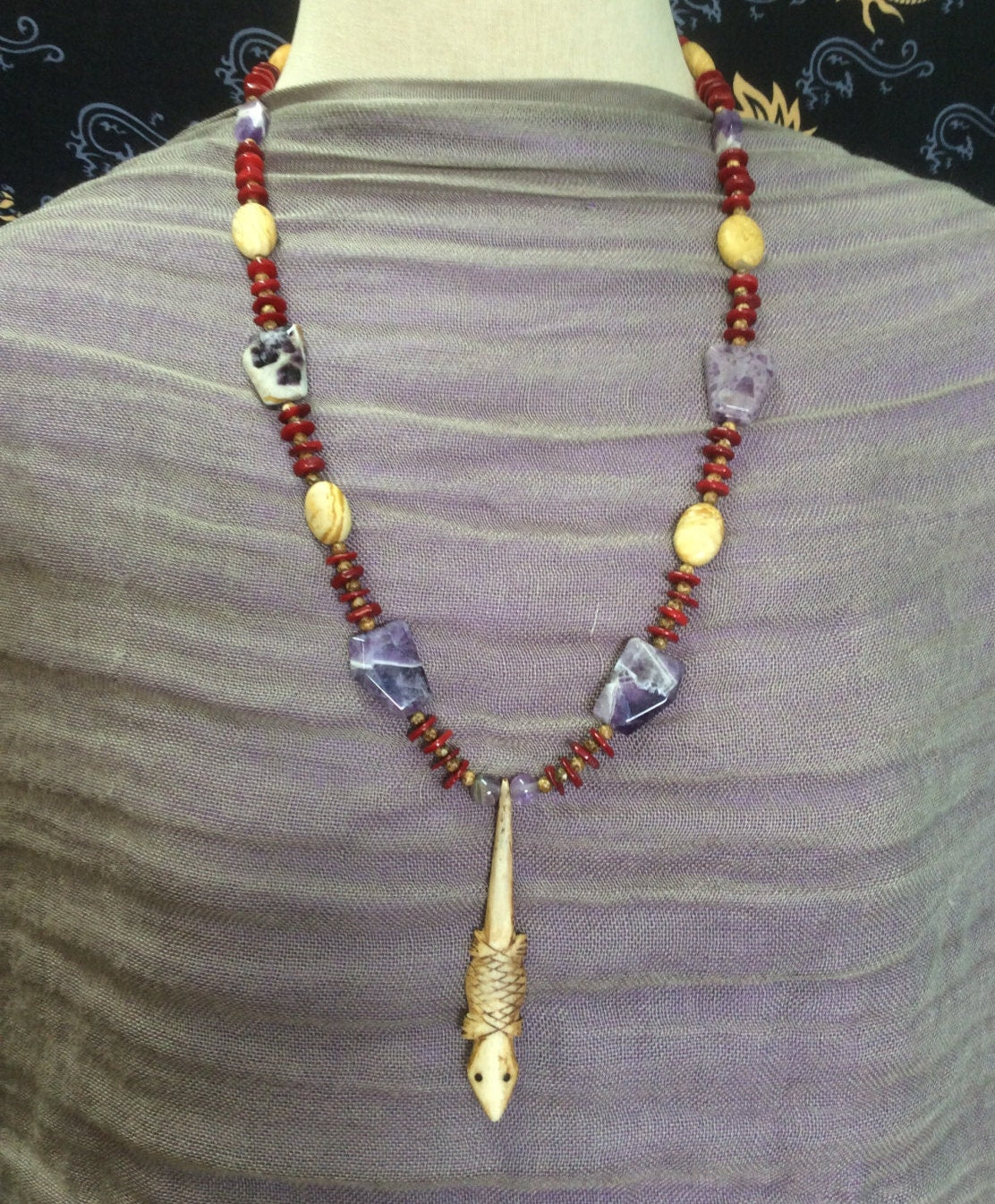 necklace "Desert Sunset" Carved Bone lizard, Chevron Amethyst, Red Coral, Jasper, Southwest jewelry, Gender Neutral necklace, Wild West