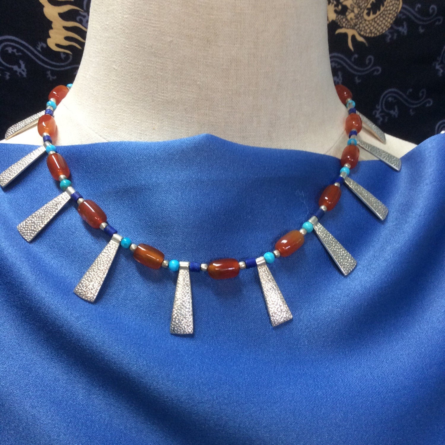 necklace "Broad Collar" Broad Collar style, Afghan lapis, Carnelian, Turquoise, Gender Neutral, Statement piece, Bib necklace, Reiki charged