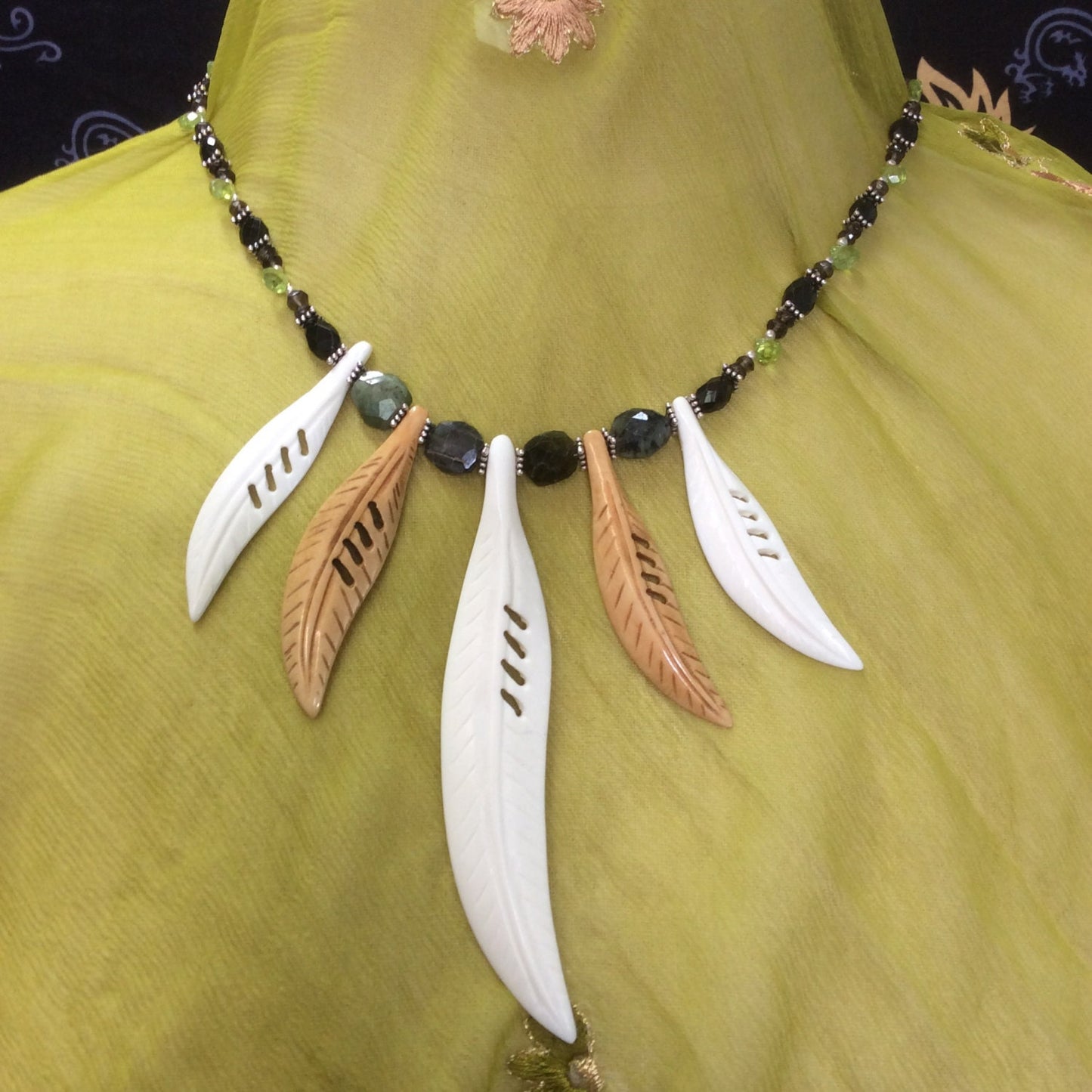 necklace "Wood Nymph Charm" carved bone Feathers or Leaves, Green Tourmaline, Peridot, Smokey Quartz, Statement Piece, Reiki charged