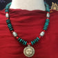 necklace “Sun Mask” Carved Bone Sun pendant, Turquoise, Red fire coral, Pewter beads, Hamsa toggle, reiki charged, Gender Neutral jewelry