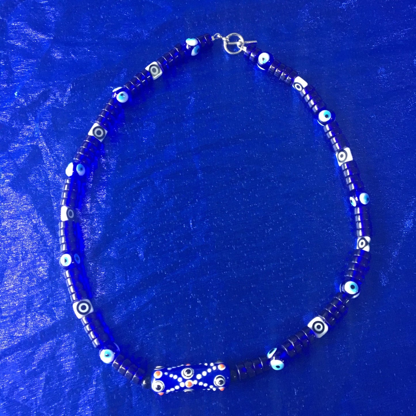 necklace "Watch Out" Evil Eye barrel bead, Glass heishi, Evil Eye beads, Protection charm, Reiki charged,Gender Neutral jewelry, Good Luck