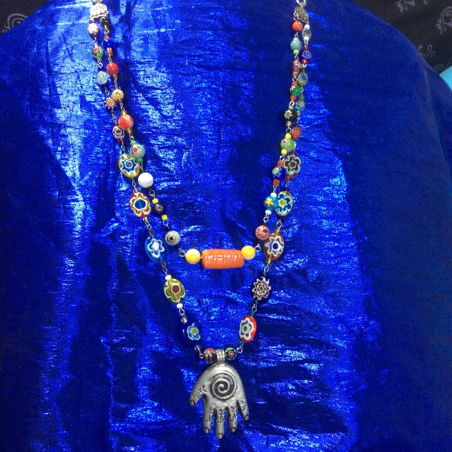 Necklace "Her flowers" pewter Hamsa pendant, Hand of God, Handmade chain, Festival jewelry, Millefiori beads, Lampwork beads, Reiki charged