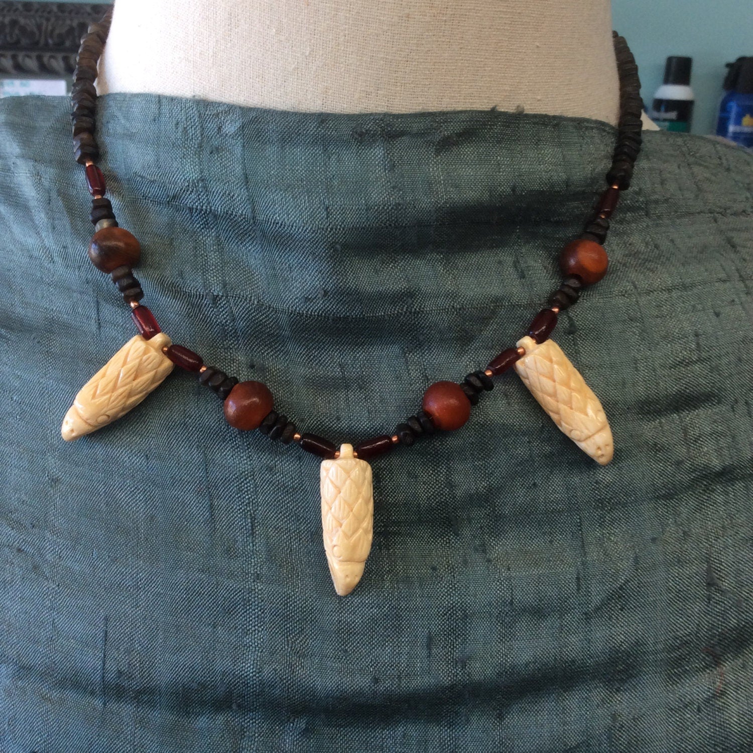 necklace "Soar" carved bone eagles, horn beads, gender neutral necklace, bird energy, eagle jewelry, raptor necklace