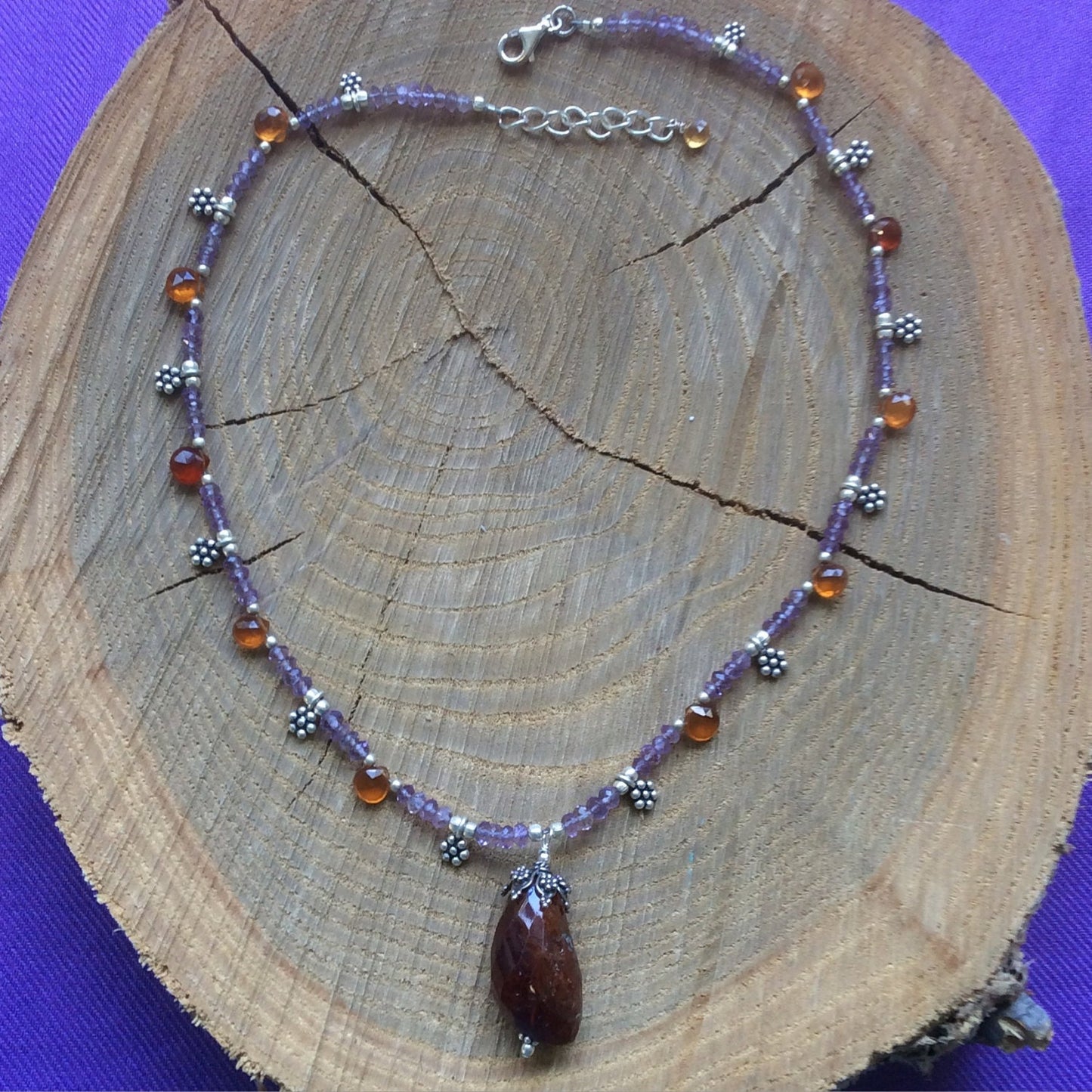 necklace "MidSummer Sunset" Hessonite pendant, Amethyst, Brown Garnet, Mid-Summer, Litha, Eclipse jewelry, Reiki charged, Gift idea