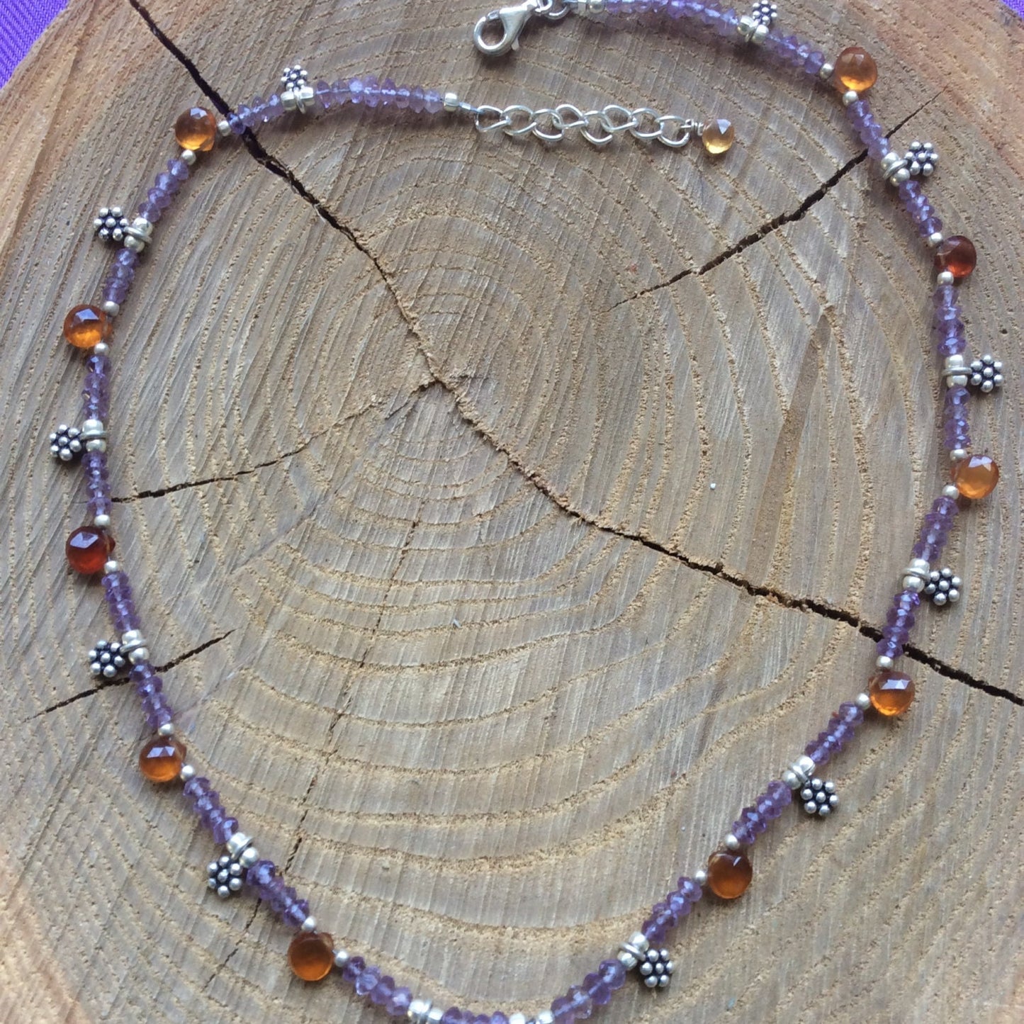 necklace "MidSummer Sunset" Hessonite pendant, Amethyst, Brown Garnet, Mid-Summer, Litha, Eclipse jewelry, Reiki charged, Gift idea